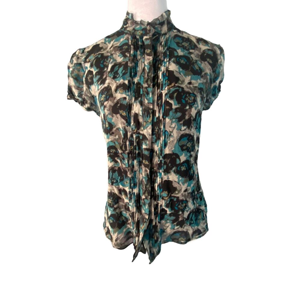 Macys Alfani brand 100% Silk Blouse Top Shirt Blue Black Lined Size 4